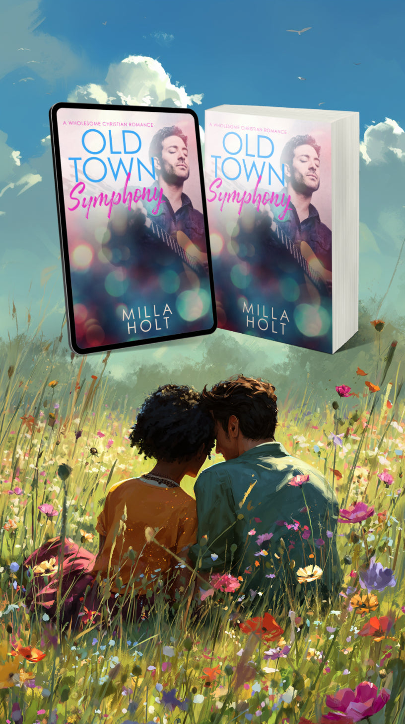 Image of couple in meadow with Old Town Symphony novel